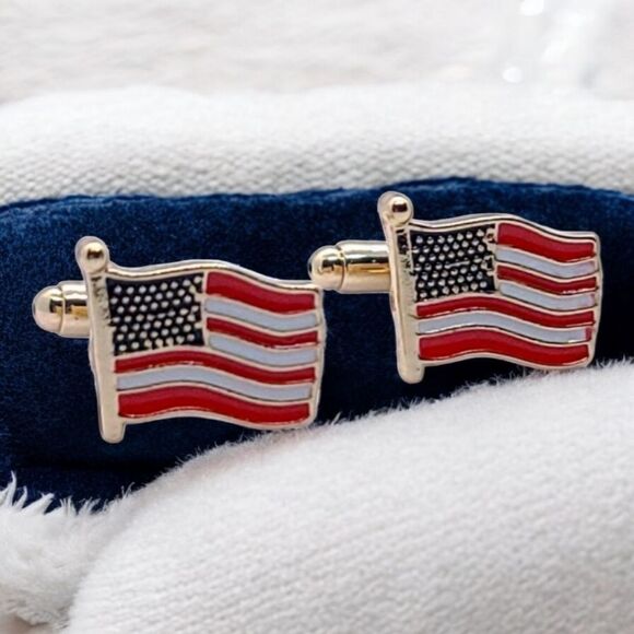 Men's Gold American Flag Cufflinks Patriotic USA Formal Prom Tux Tuxedo America - Picture 4 of 5